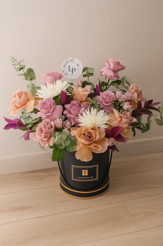 Midnight Bloom Box – Purple & Cappuccino Roses with Delistar in Black Box (UAE Delivery) OnlineGifts