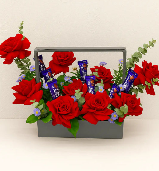 Sweet Scarlet Tray – Red Roses, Cadbury Chocolates & Aster in Handle Tray (UAE Delivery) OnlineGifts
