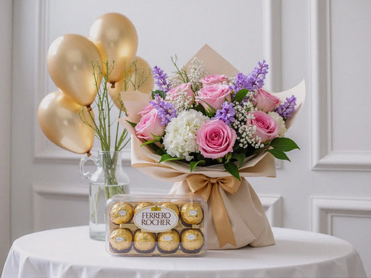 Luxury Mixed Flower Gift Combo with Ferrero Rocher & Gold Balloons – UAE Delivery OnlineGifts