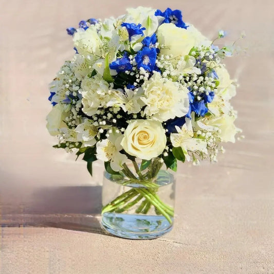 🤍 Blue Mist Bouquet – White Roses, Carnations & Blue Delphinium in Elegant Wrap (Delivery in UAE) - OnlineGifts