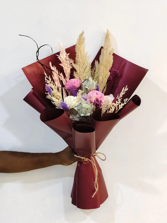 Blushed Elegance – Pink Carnation, Pampas, Limonium & Dried Rice Flower Arrangement (UAE Delivery) - OnlineGifts