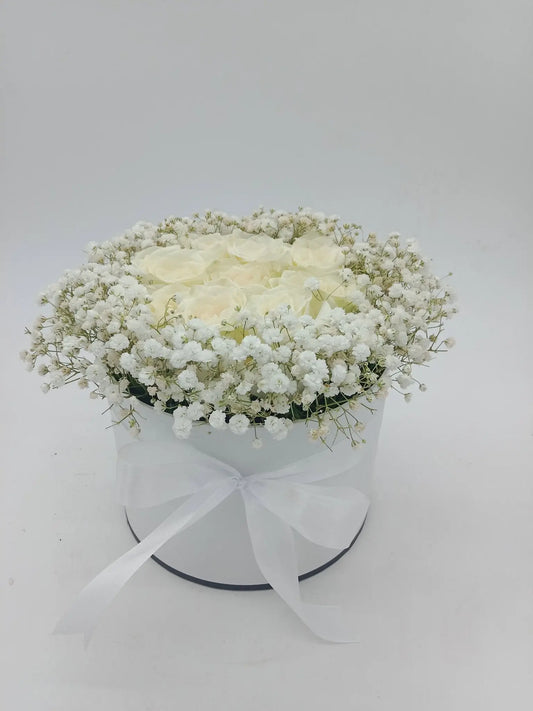 Graceful White Charm – 9 White Roses with Gypsophila in White Box (UAE Delivery) - OnlineGifts