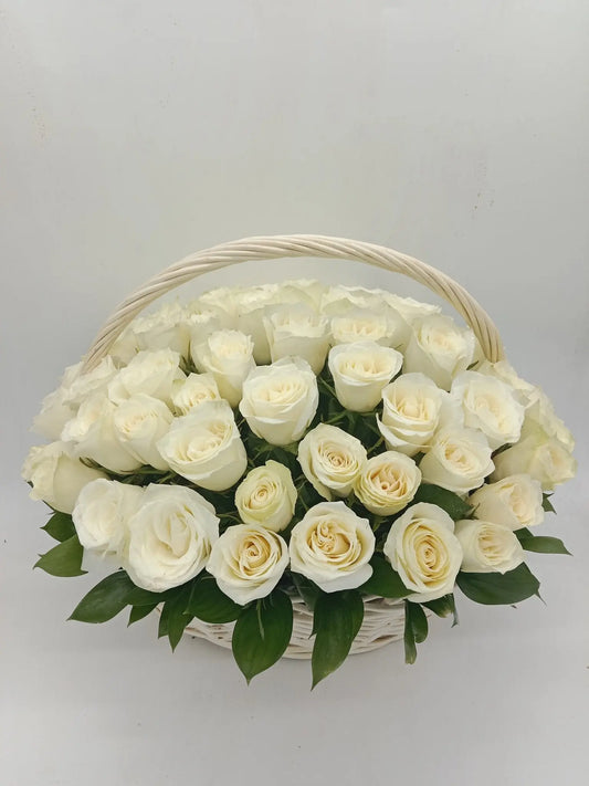 Pure Elegance Bucket – 51 White Roses with Ruscus in Designer Floral Bucket (UAE Delivery) - OnlineGifts