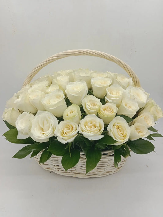 Pure Elegance Bucket – 51 White Roses with Ruscus in Designer Floral Bucket (UAE Delivery) - OnlineGifts