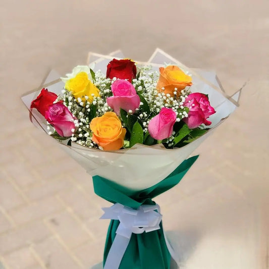 🌈 Rainbow Rose Harmony Bouquet | Colorful Mixed Roses with Gypso & Ruscus – UAE Delivery - OnlineGifts