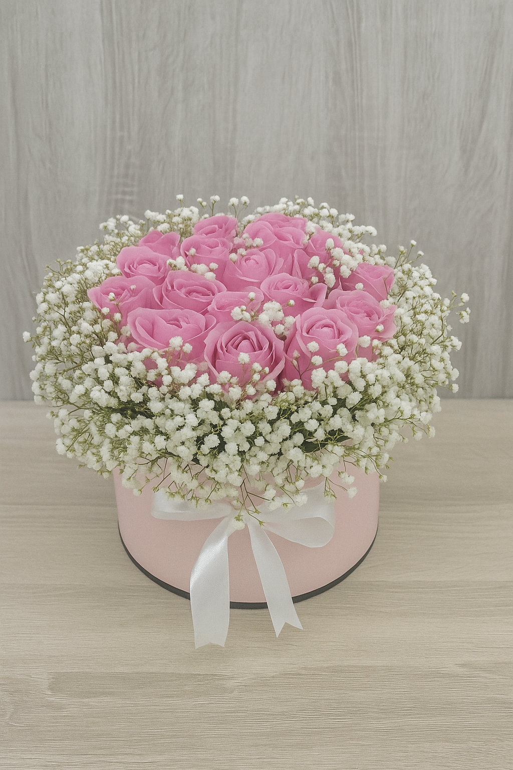 Blush Bloom Box – 19 Pink Roses with Gypsophila in White Box (UAE Delivery)