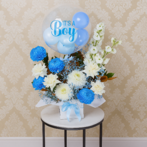 Baby-Boy-Flower-Arrangement-with-Delphinium-and-Its-a-Boy-Balloon-UAE