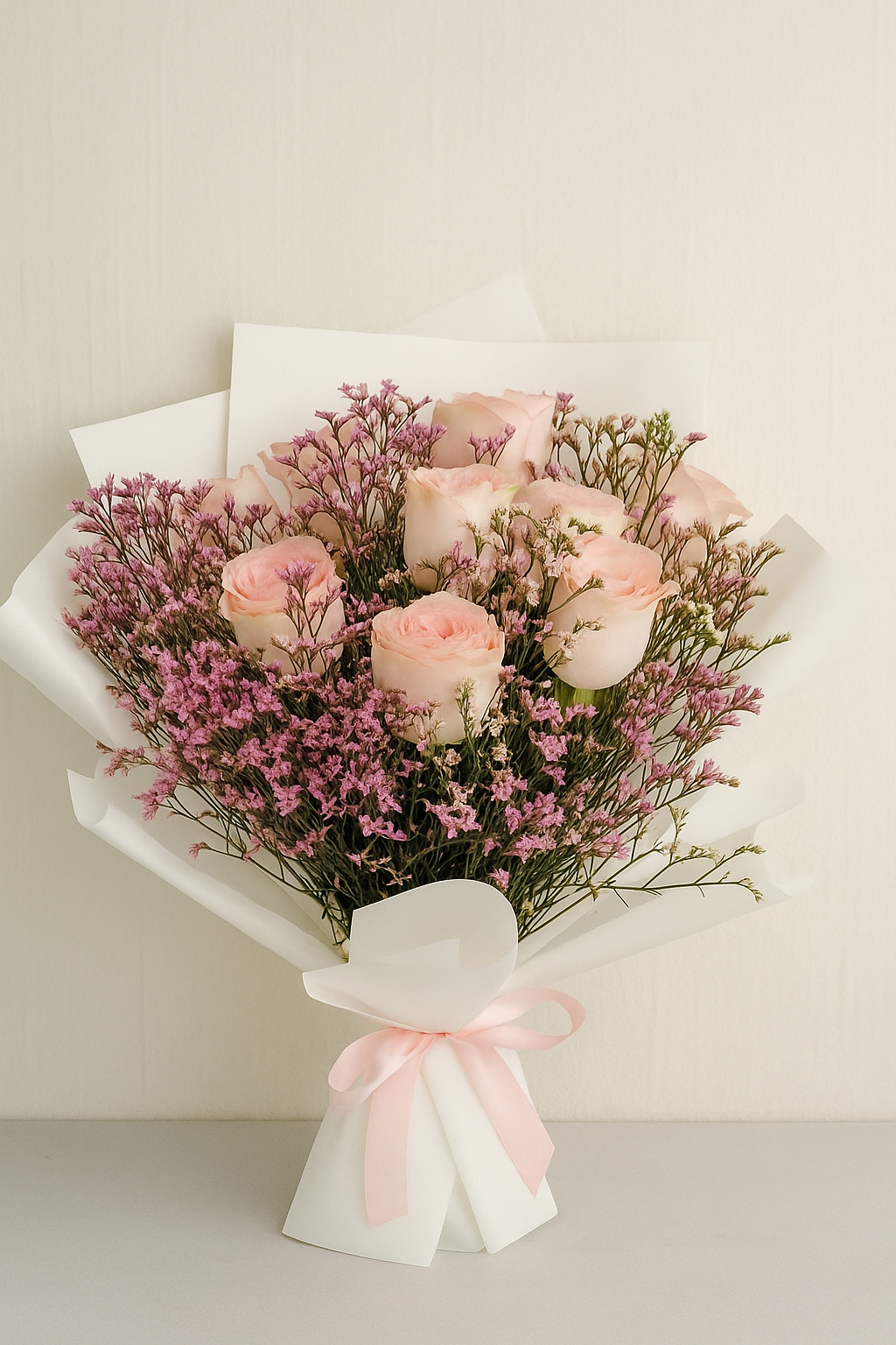 Pink Elegance Delight – 10 Pink Esperance Roses with Limonium (UAE Delivery)