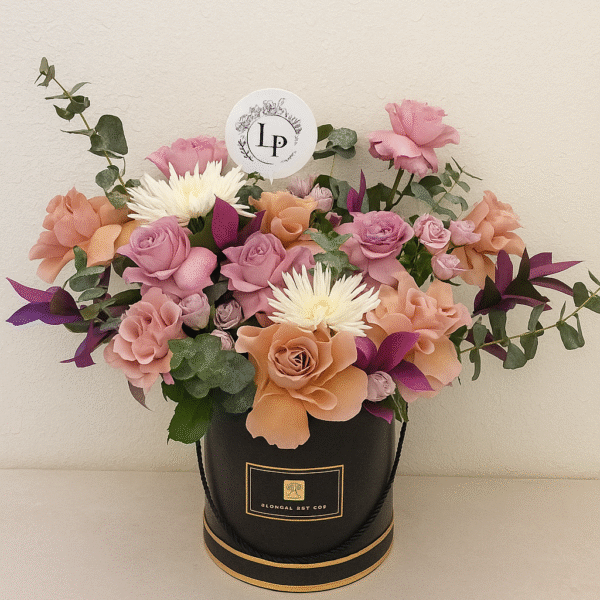 Midnight Bloom Box – Purple & Cappuccino Roses with Delistar in Black Box (UAE Delivery)