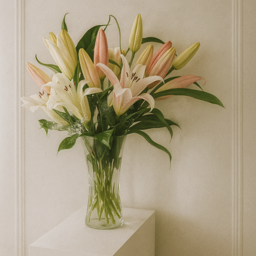 Elegant Lily Bouquet in Glass Vase | White & Pink Lilies Delivery UAE
