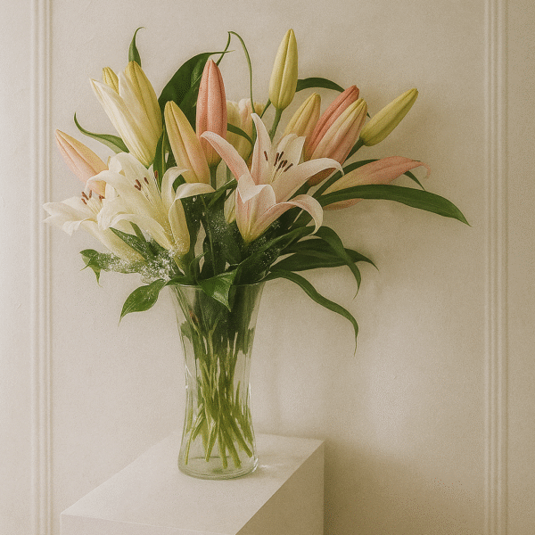 White & Pink Lily Vase | Elegant Fresh Lily Arrangement UAE