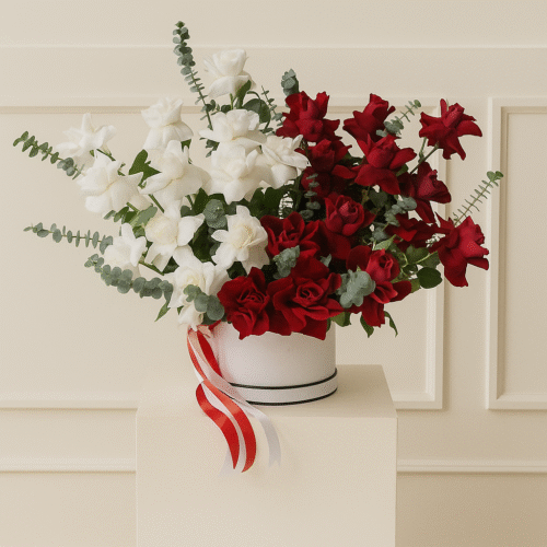 Elegant Red & White Rose Box with Eucalyptus – Luxury Flower Arrangement UAE