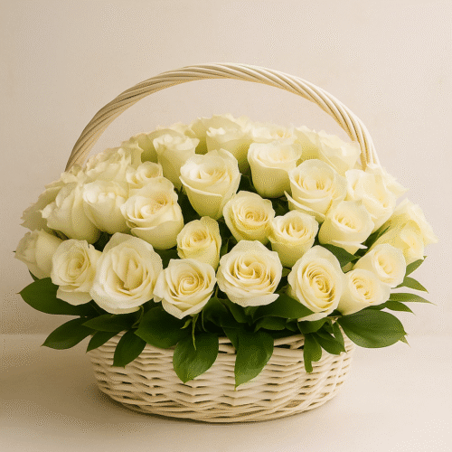 61 White Roses in Wicker Basket – Elegant Flower Arrangement UAE