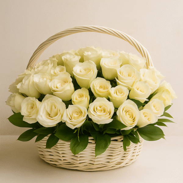 61 White Roses Basket | Pure Elegance in Wicker
