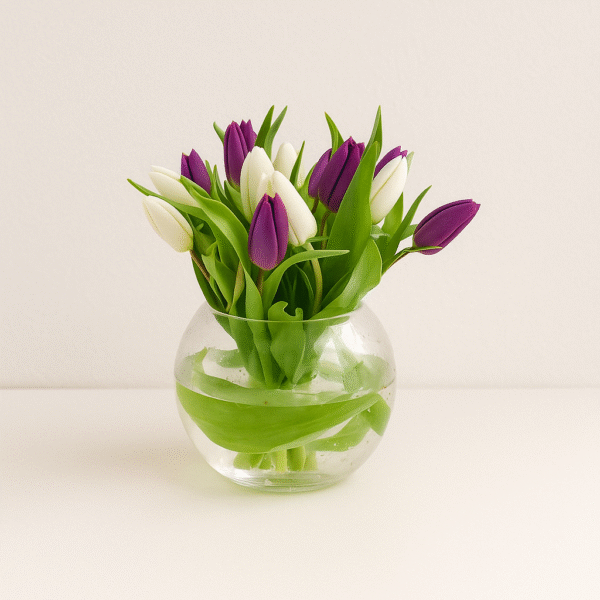 Tulip Harmony Bowl – 15 Purple & White Tulips in Glass Vase (UAE Delivery)