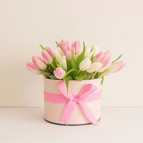 Pink & White Tulips in Basket – Elegant Flower Arrangement UAE