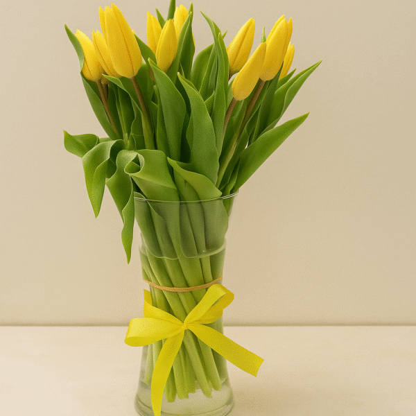 19 Yellow Tulips in Glass Vase | Elegant Fresh Flower Arrangement UAE