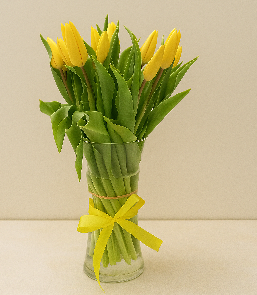 19 Yellow Tulips in Glass Vase | Elegant Fresh Flower Arrangement UAE