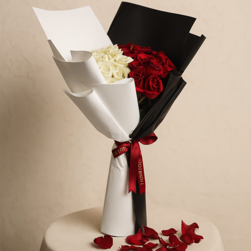 Red & White Whisper Bouquet – 51 Premium Roses in Bold Black & White Wrap (Delivery in UAE)