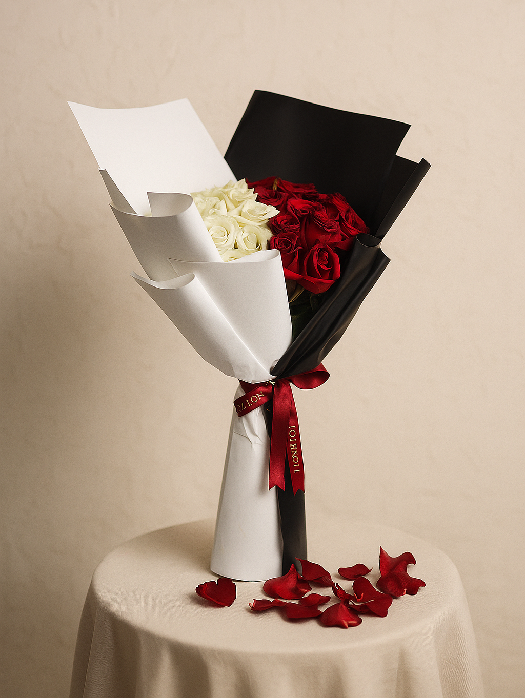 Red & White Whisper Bouquet – 51 Premium Roses in Bold Black & White Wrap (Delivery in UAE)
