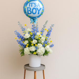 Luxury-Baby-Boy-Birth-Flower-Arrangement-Hydrangea-Roses-Balloon-UAE