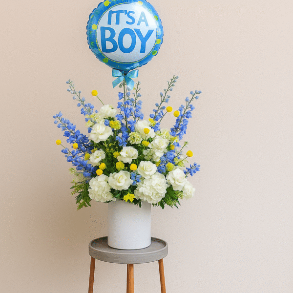 Baby Boy Birth Flower Arrangement with White Hydrangea, Roses & Helium Balloon – UAE Delivery