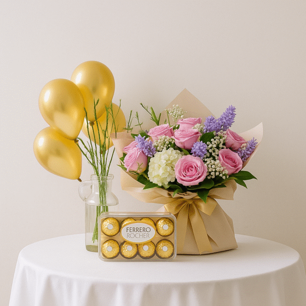 Luxury Mixed Flower Gift Combo with Ferrero Rocher & Gold Balloons – UAE Delivery