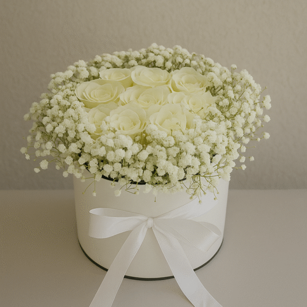 Graceful White Charm – 9 White Roses with Gypsophila in White Box (UAE Delivery)