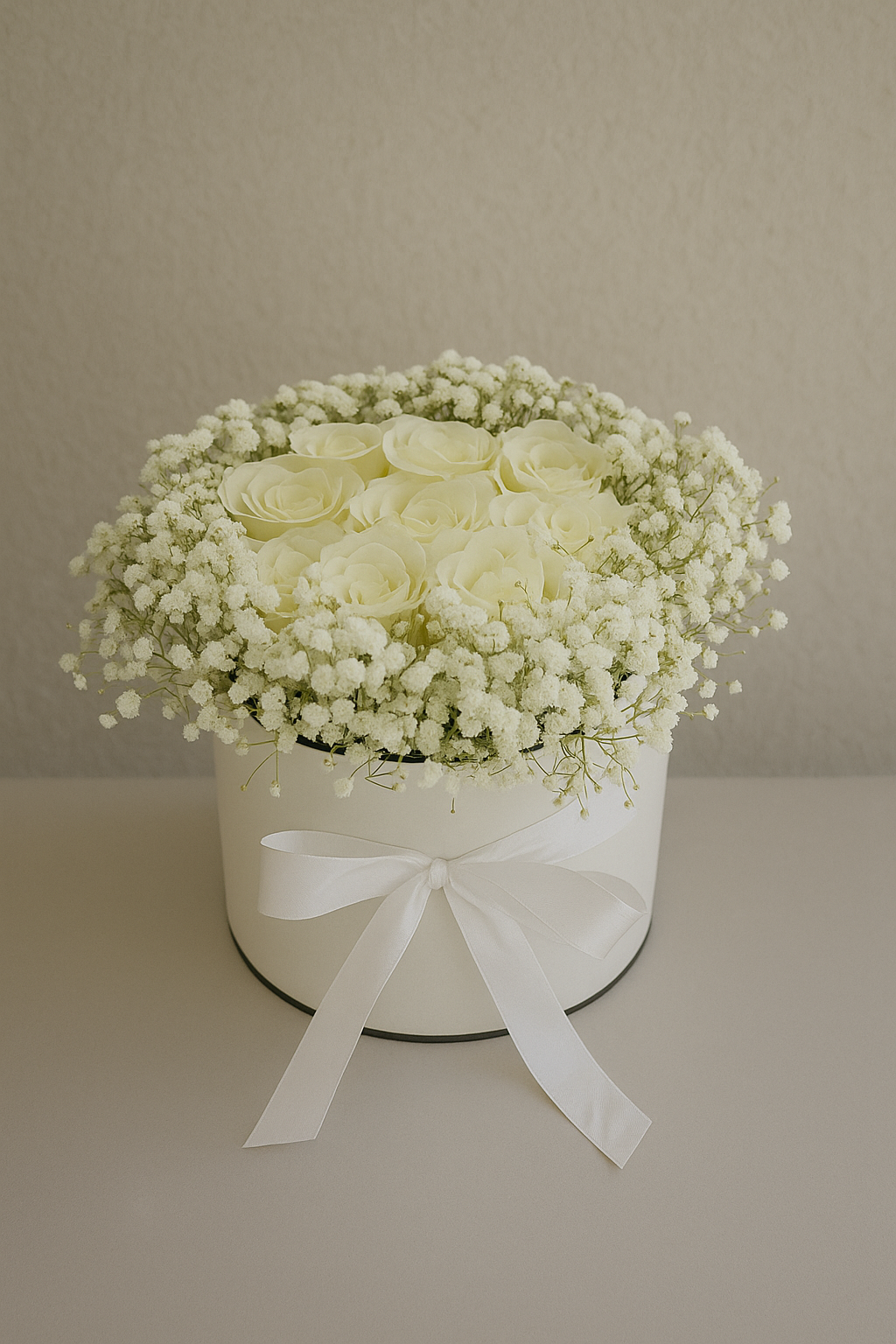 Graceful White Charm – 9 White Roses with Gypsophila in White Box (UAE Delivery)