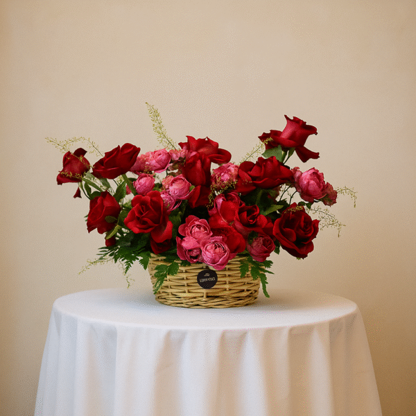 Rosy Bombshell – Red Roses & Bombastic Spray Roses in Elegant Basket (Delivery in UAE)