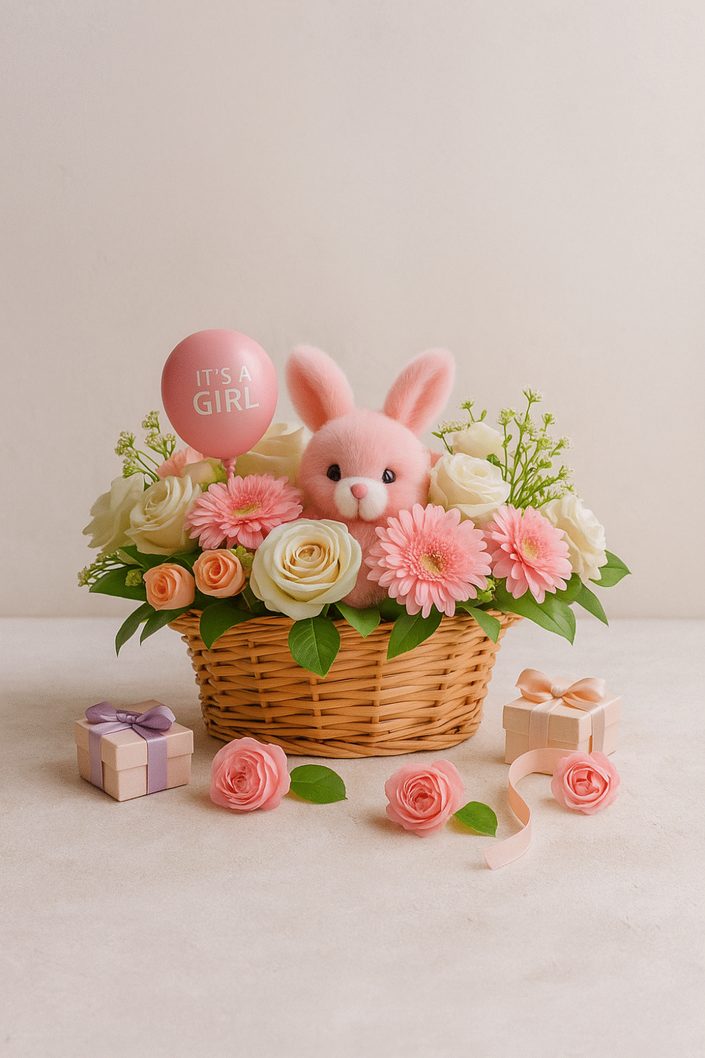 Baby Girl Birthday Flower Basket with Peonies, Gift Boxes & "It’s a Girl" Balloon – UAE Delivery