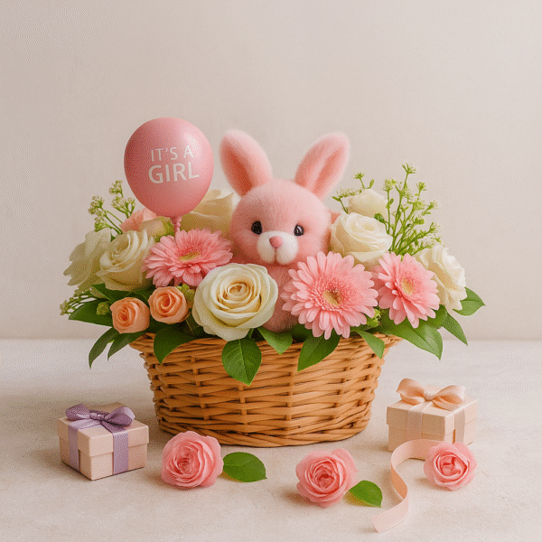 Baby Girl Birthday Flower Basket with Peonies, Gift Boxes "It’s a Girl" Balloon – UAE Delivery