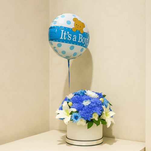 Blue & White Baby Birth Flower Arrangement with Helium Balloon – UAE Delivery