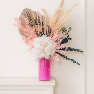 Preserved-Flower-Arrangement-in-Pink-Glass-Vase-Pampas-Hydrangea-UAE