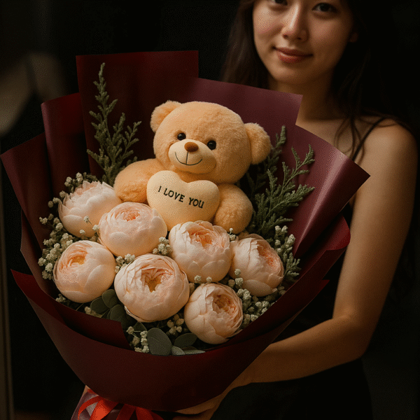 Peach Peony Rose & Teddy Bear Bouquet | 10 Peony Roses with Gypsophila