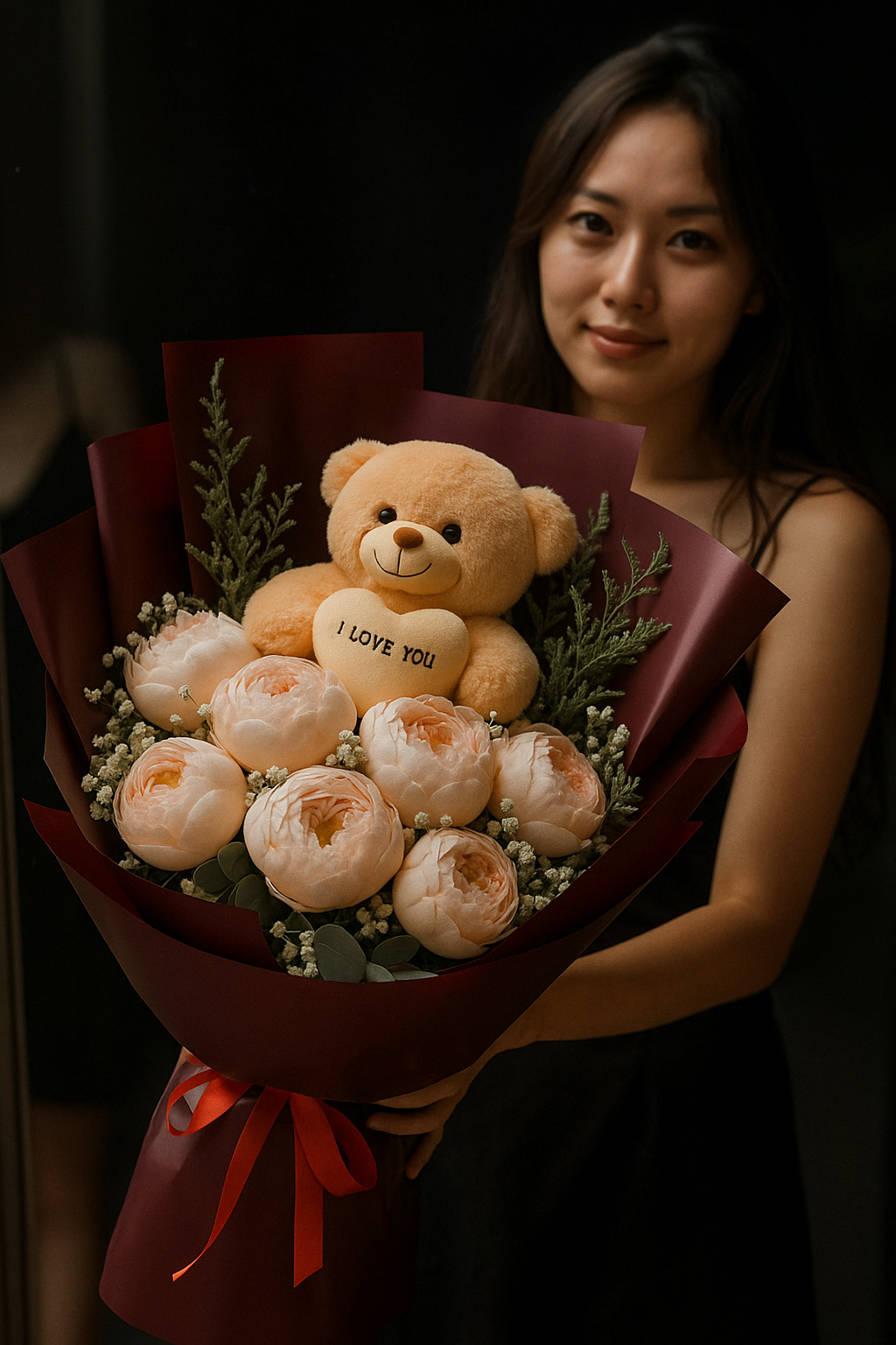 Peach Peony Rose & Teddy Bear Bouquet | 10 Peony Roses with Gypsophila