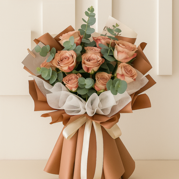 Cappuccino Rose Bouquet | 10 Cappuccino Roses with Eucalyptus | Elegant UAE Flower Gift