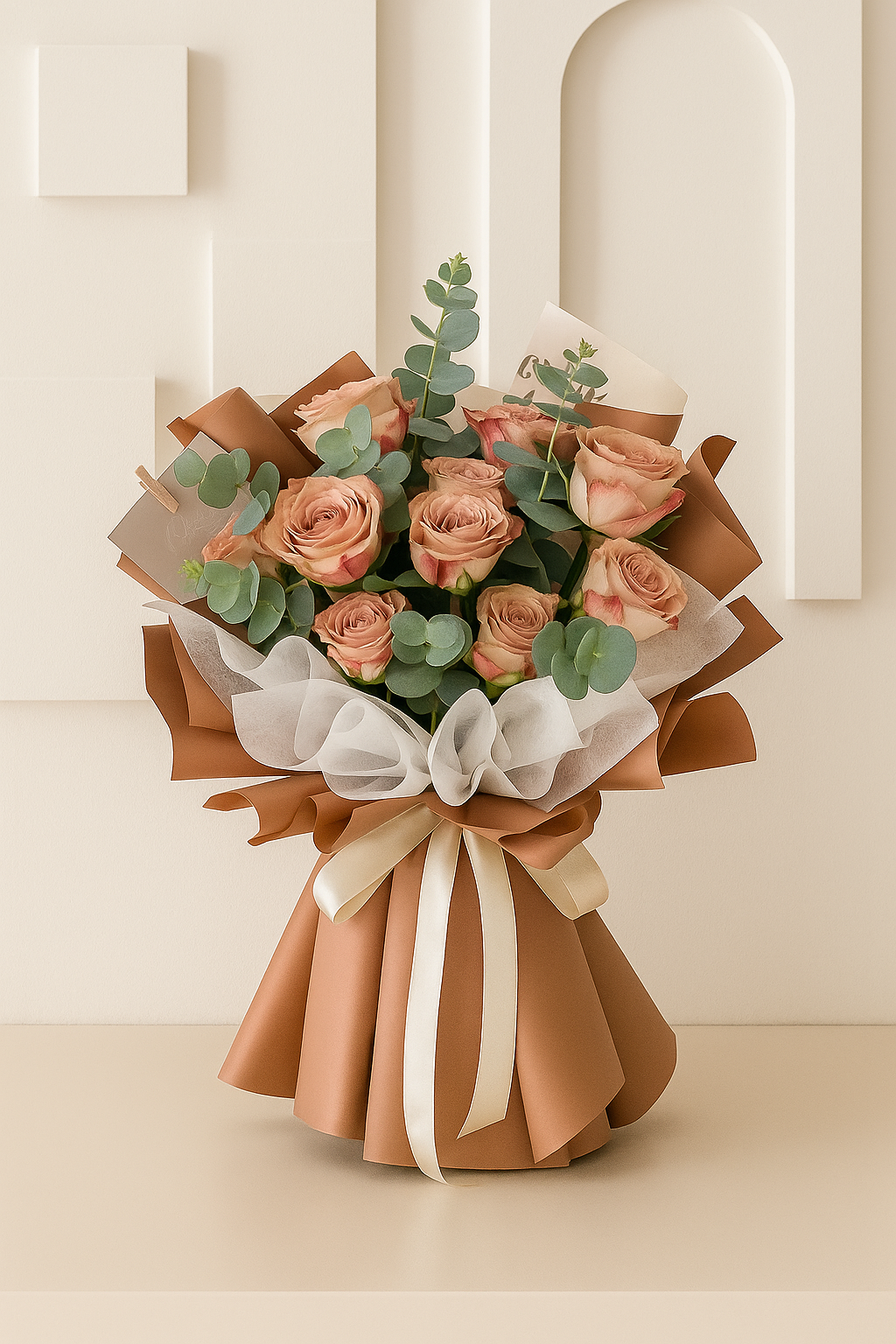 Cappuccino Rose Bouquet | 10 Cappuccino Roses with Eucalyptus | Elegant UAE Flower Gift