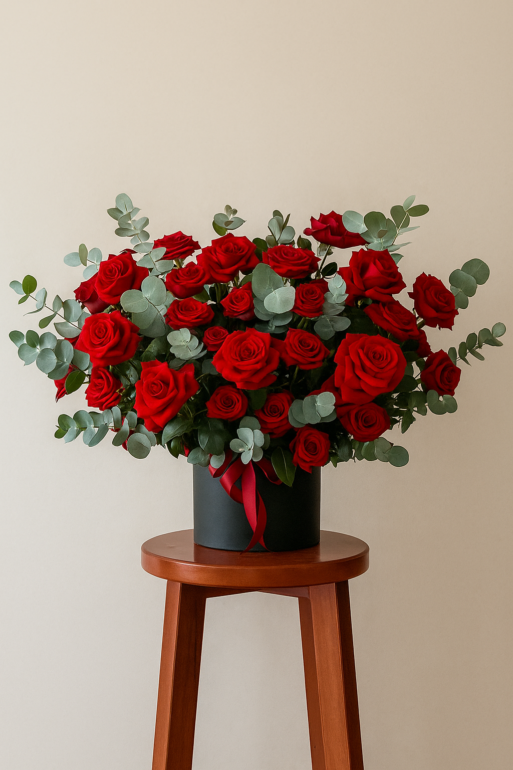 51 Red Roses in Black Box | Luxury Open Rose Arrangement with Eucalyptus UAE