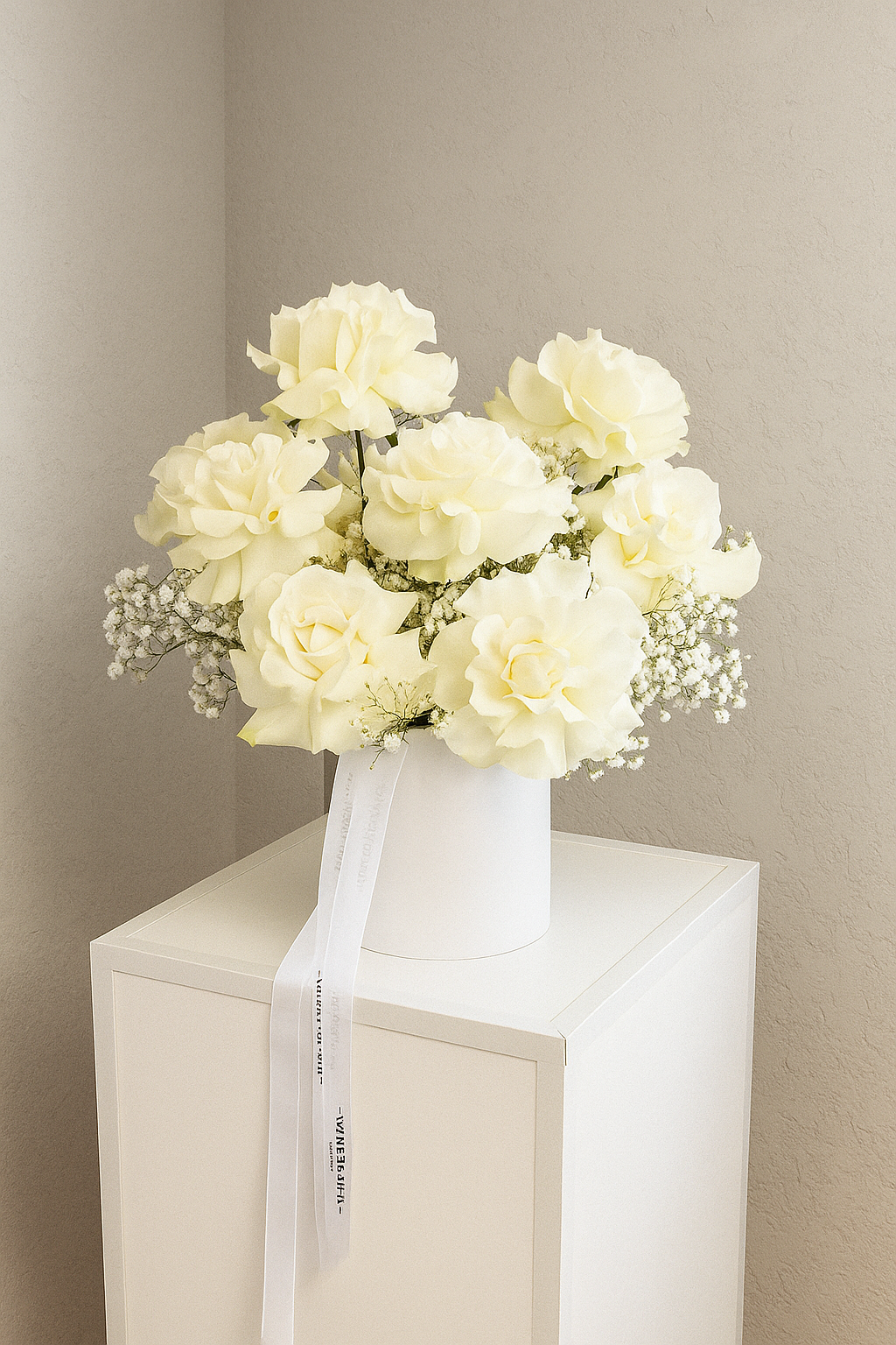White Garden Rose Basket | 10 Fully Bloomed Roses with Gypsos in White Basket UAE