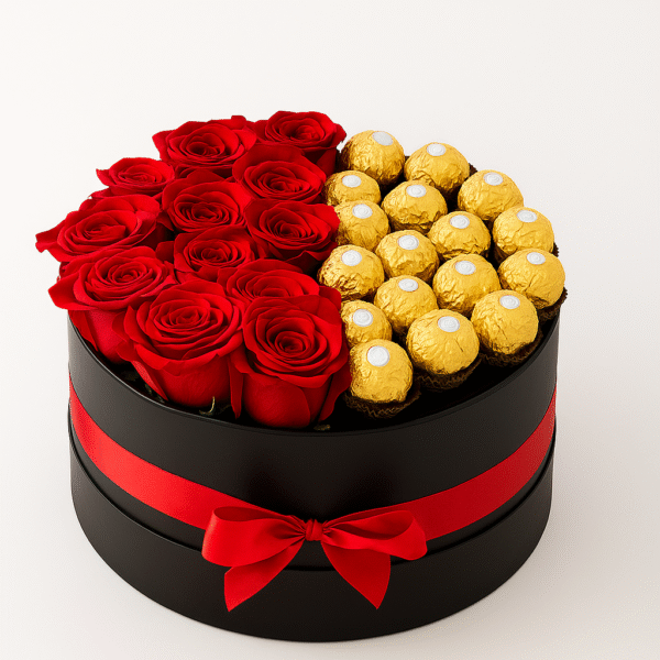 12 Red Roses with Ferrero Rocher 24 Pcs | Romantic Flower Basket Gift UAE