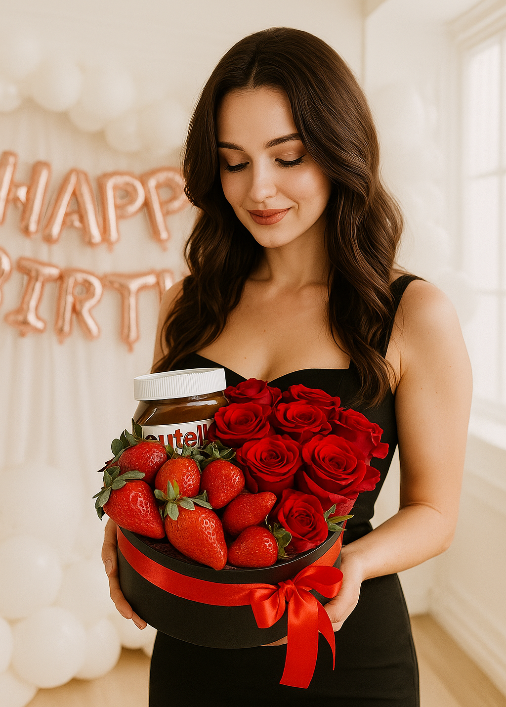 Nutella, Strawberries & 12 Red Roses Gift Box | Luxury Flower & Chocolate Arrangement UAE