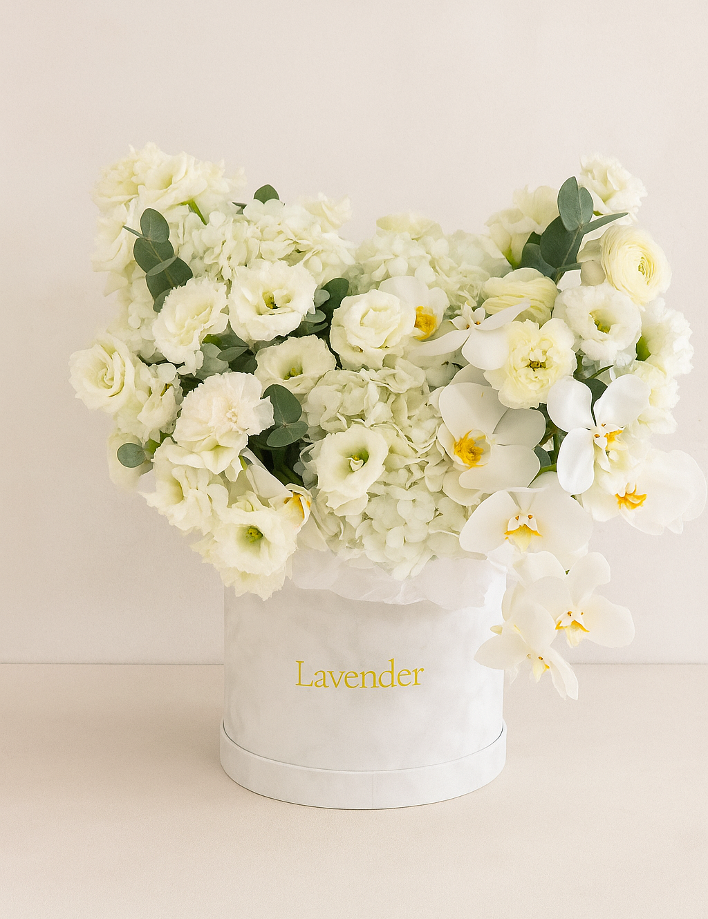 Elegant White Basket Arrangement | Hydrangea, Phalaenopsis & Carnations UAE