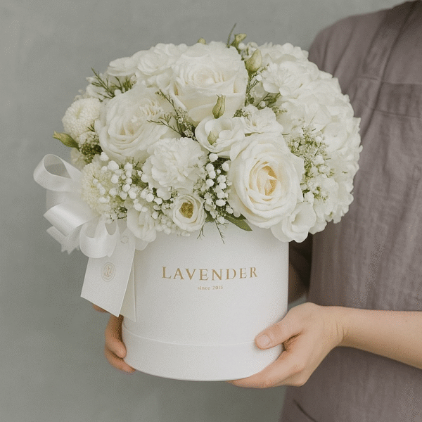 White O’Hara Roses & Lisianthus Box | Elegant White Floral Arrangement