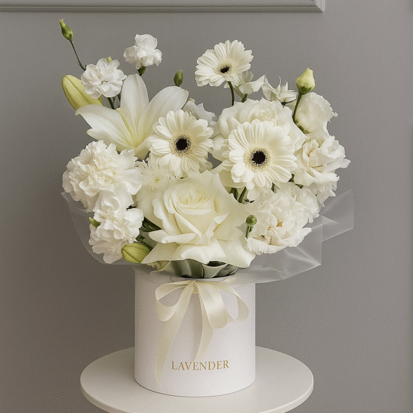 White Elegance Basket | Gerbera, O’Hara Roses & Lilies