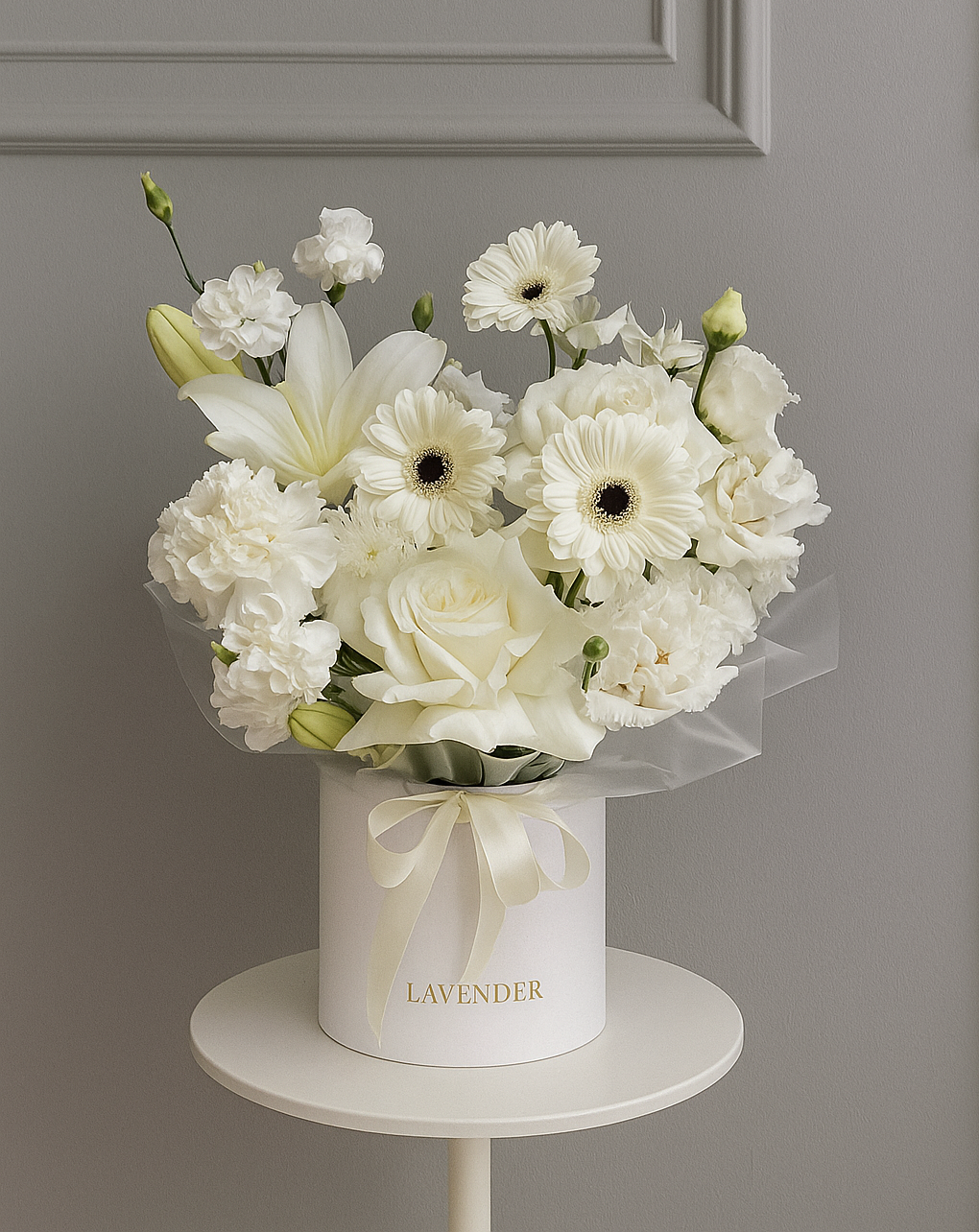 White Elegance Basket | Gerbera, O’Hara Roses & Lilies