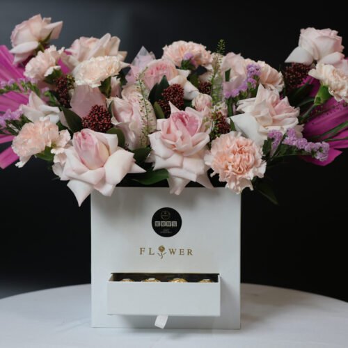 Pink Serenade – Fresh O’Hara Roses, Carnations & Ferrero Rocher in White Box (Delivery in UAE)
