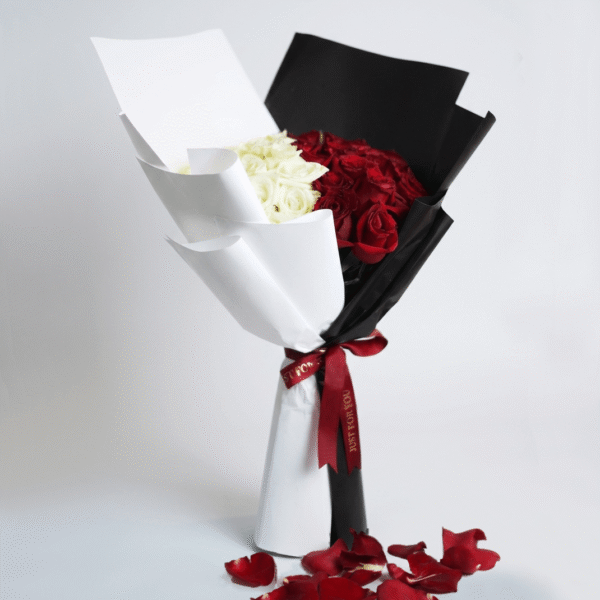 Red & White Whisper Bouquet – 51 Premium Roses in Bold Black & White Wrap (Delivery in UAE)