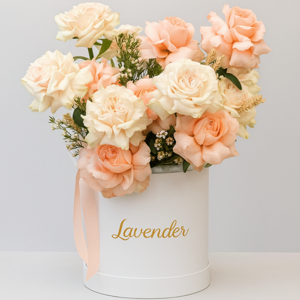 Peach Elegance Box | Senorita & Magic Peach Roses with White Wax Flowers