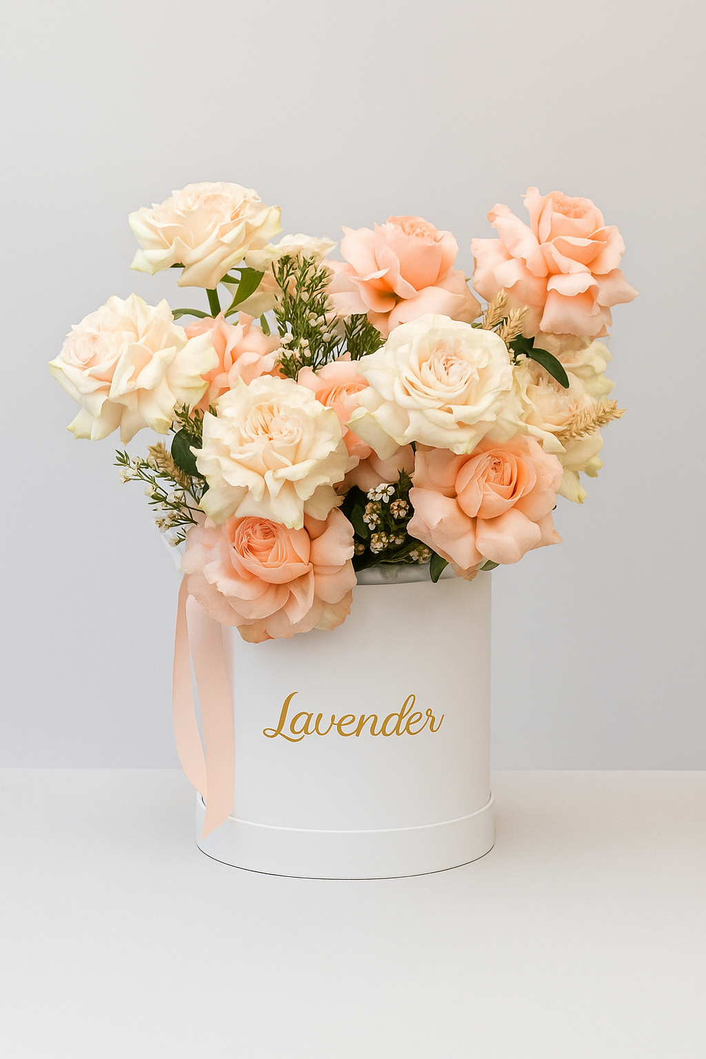 Peach Elegance Box | Senorita & Magic Peach Roses with White Wax Flowers